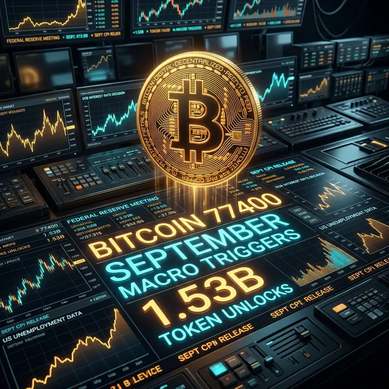 Bitcoin 77400 September Macro Triggers: $1.53B टोकन अनलॉक अलर्ट! 💰📉